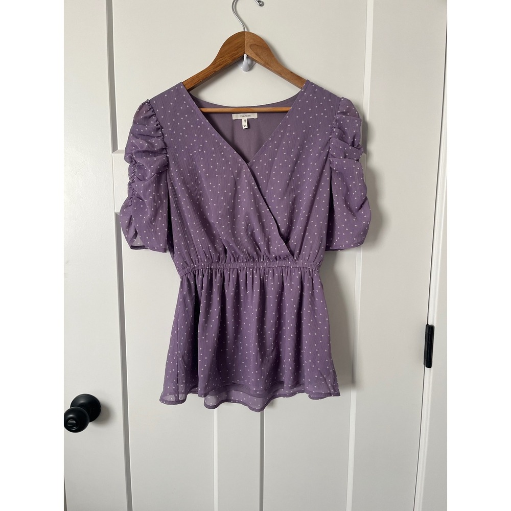 Maurices Purple Polka Dot Ruched Puff Sleeve Wrap Peplum Blouse XS